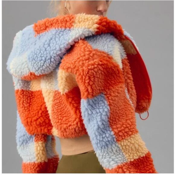 Anthropologie Daily Practice Faux Shearling Crop Zip-Up Jacket Orange Plaid XS - Picture 2 of 9